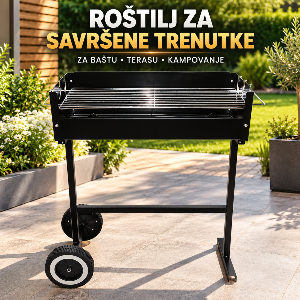 Prenosni Roštilj sa Točkovima 64x59,5x24,5 cm – Pokretni Roštilj za Ćumur za Baštu, Terasu i Kampovanje