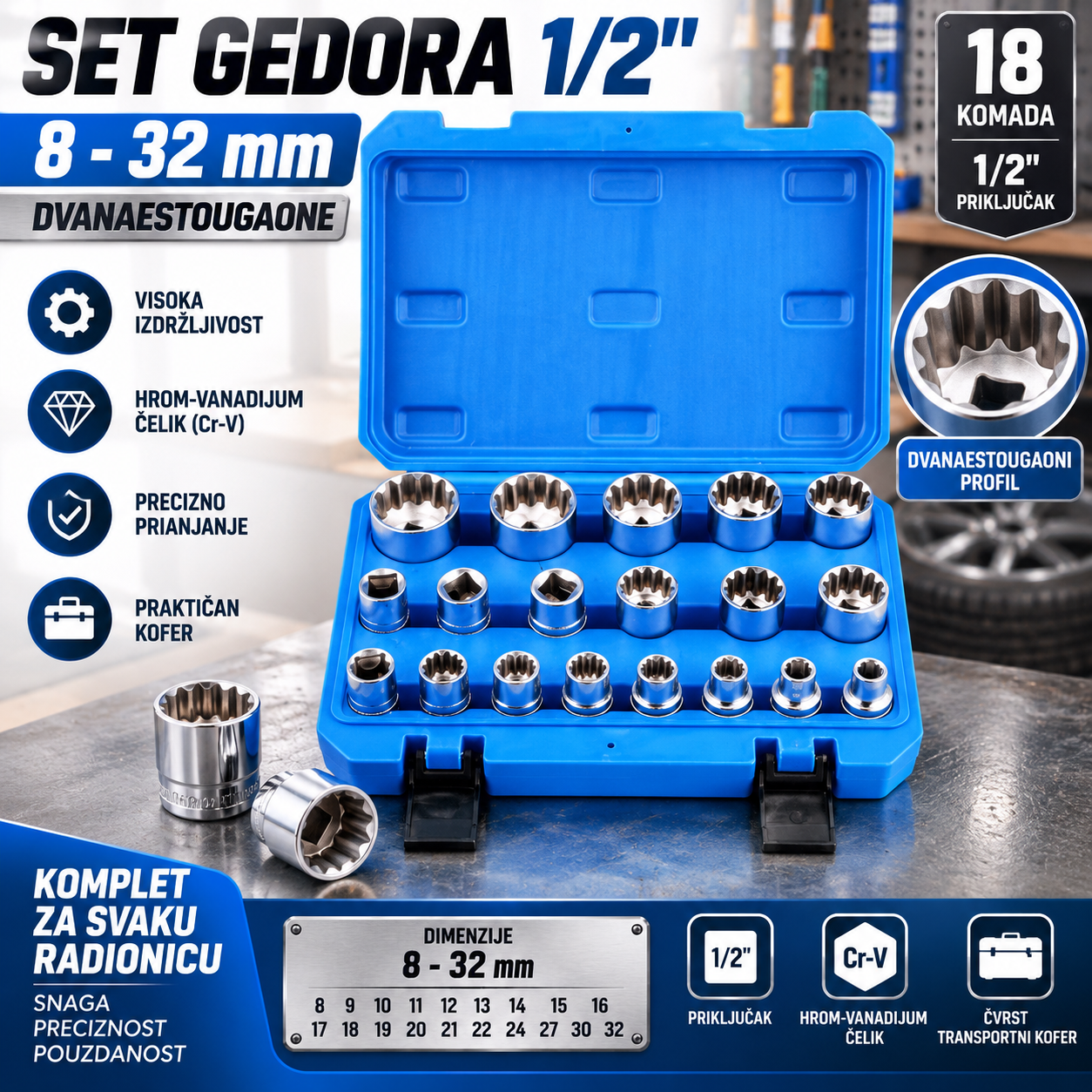 Set Gedora 1/2" 8–32 mm – 12-ugaoni Nasadni Ključevi za Auto, Servis i Radionicu