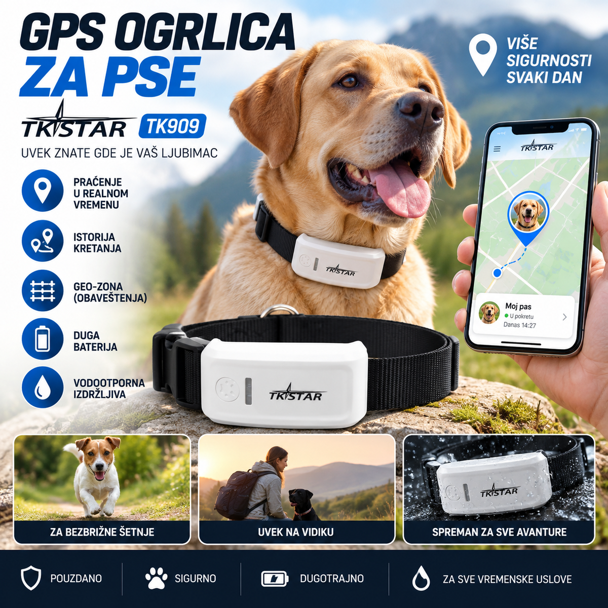 GPS Ogrlica za Pse TKSTAR TK909 – GPS Praćenje Lokacije i Kontrola Kretanja Psa