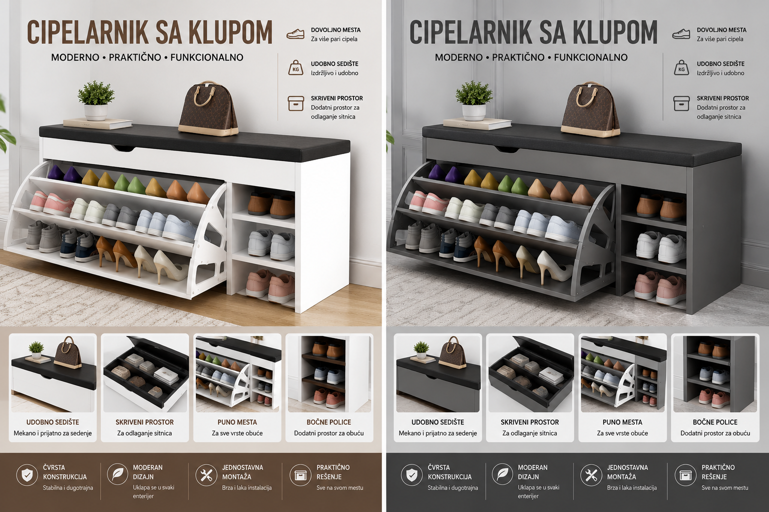 Cipelarnik sa Policama i Sedištem – Moderan Ormar za Cipele za Hodnik, Predsoblje i Stan sa Velikim Kapacitetom