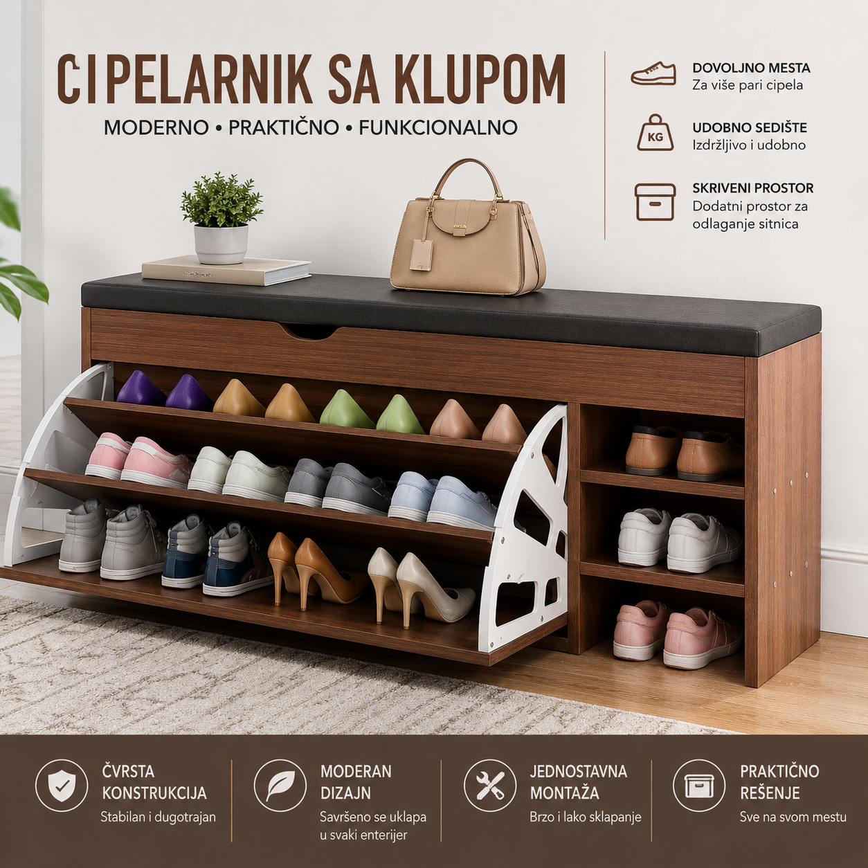 Cipelarnik sa Policama i Sedištem – Moderan Ormar za Cipele za Hodnik, Predsoblje i Stan sa Velikim Kapacitetom