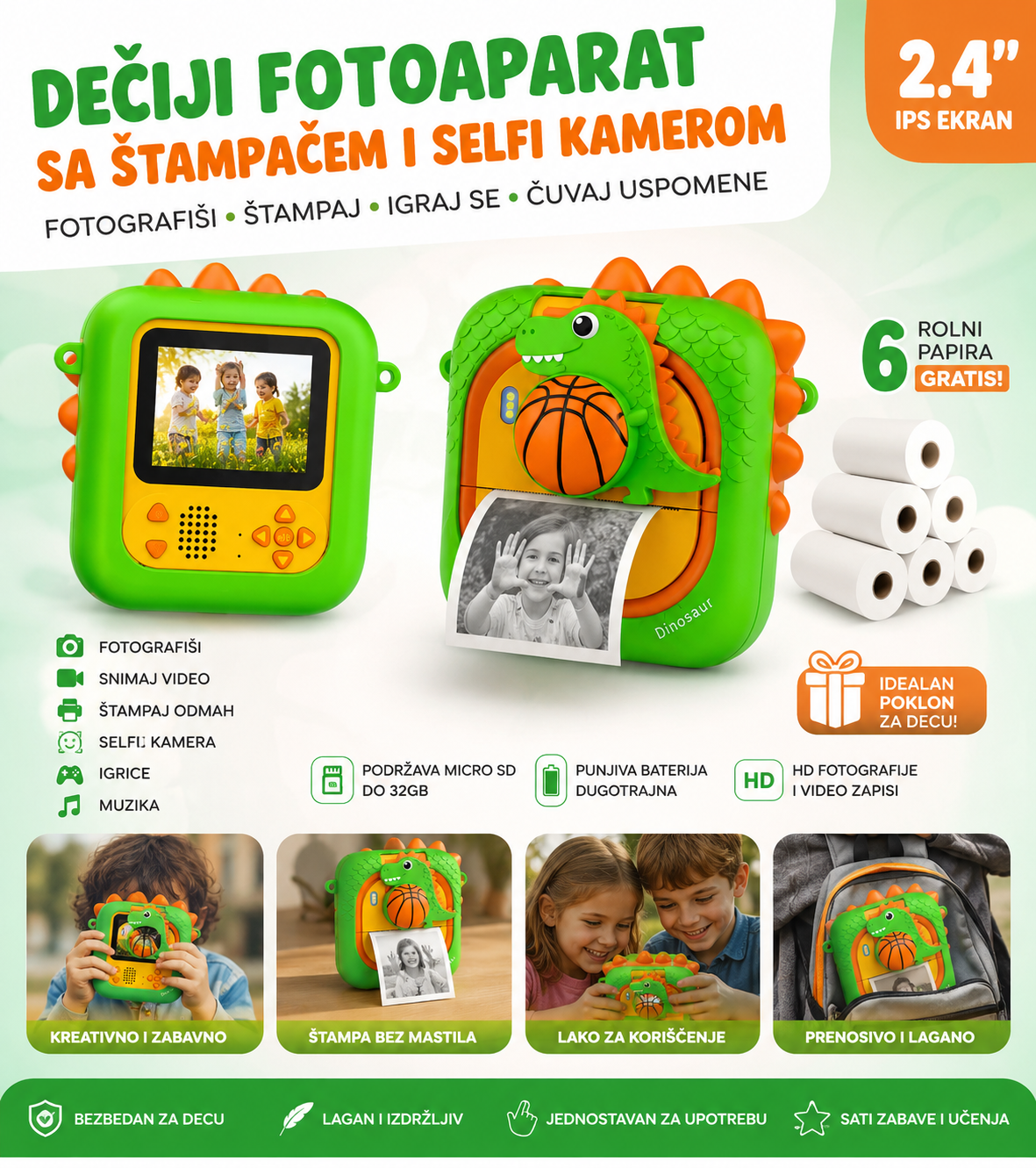 Dečiji Fotoaparat Dinosaurus sa Instant Štampačem i Selfi Kamerom – HD Kamera za Decu + 6 Gratis Rolni Papira za Printanje Fotografija