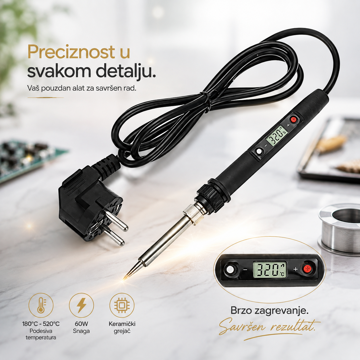 Digitalna Lemilica 60W – Podesiva Temperatura 180–520°C, LCD Displej i Keramički Grejač