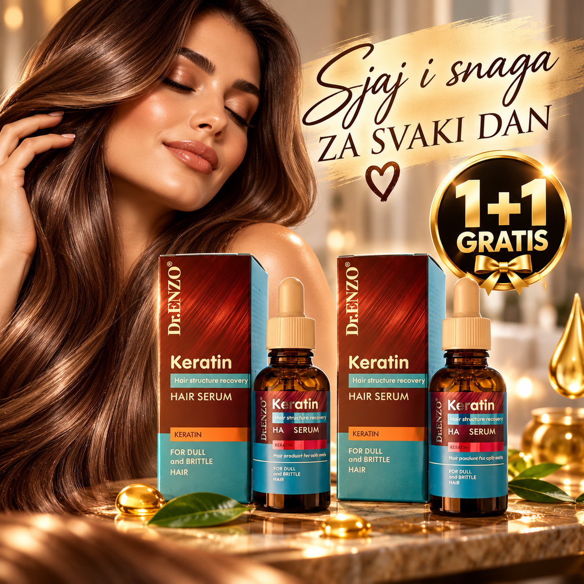 Dr. ENZO Keratin Hair Serum – Serum za Oštećenu i Suvu Kosu, Anti-Frizz i Sjaj | 1+1 GRATIS