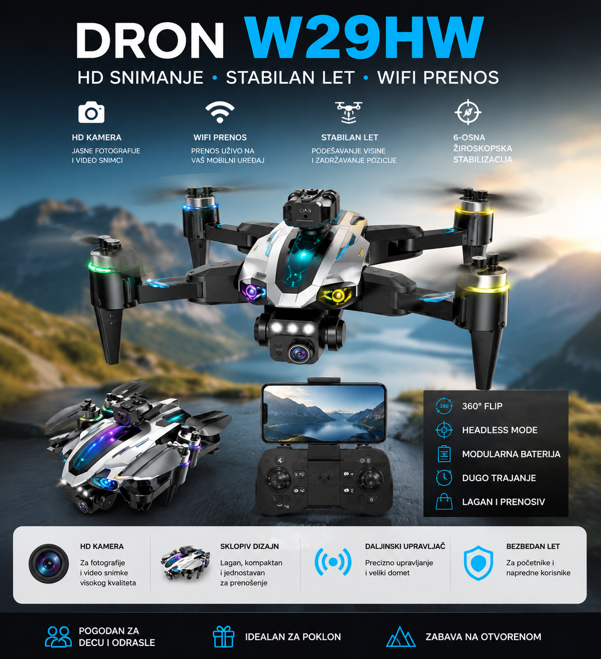 Dron W29HW sa Kamerom i Daljinskim Upravljačem – HD Snimanje, Stabilan Let i WiFi Prenos za Decu i Odrasle
