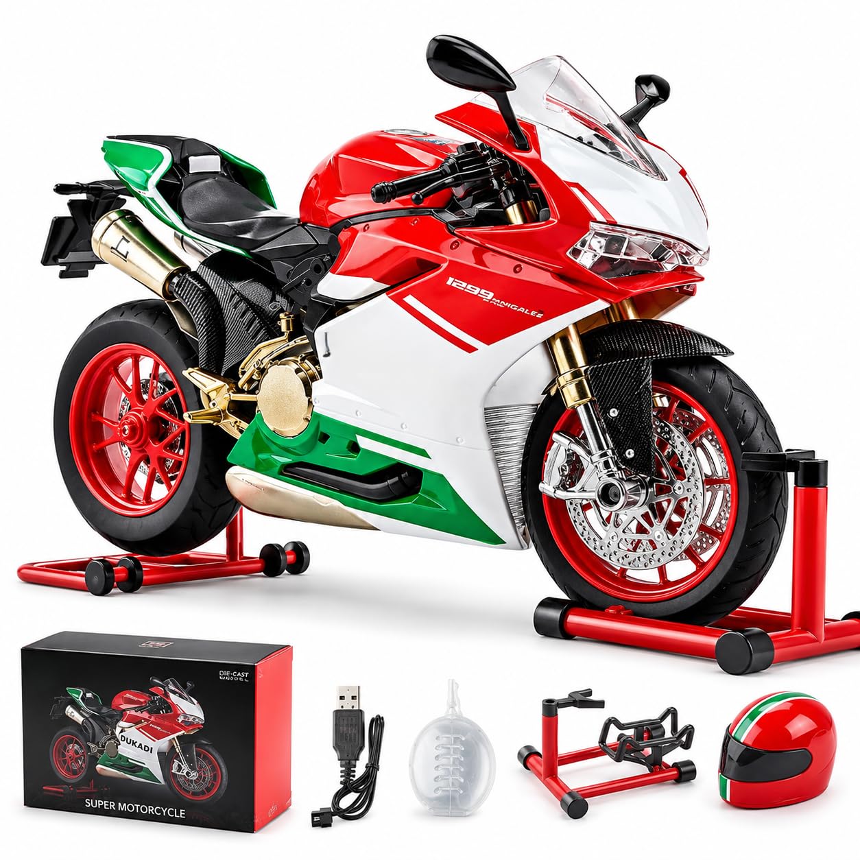 Ducati 1299 Panigale R 1:9 metalni model motora sa LED svetlima, zvukom motora, efektom dima i ključem za pokretanje, premium kolekcionarska replika.