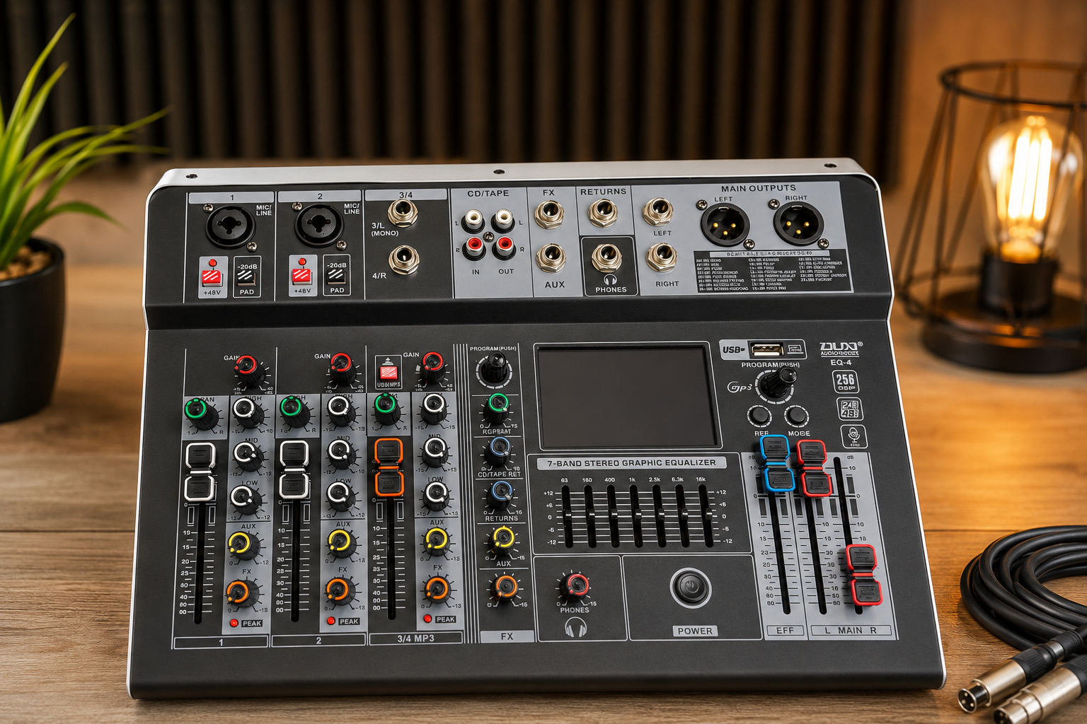 EQ-4 Profesionalna 4-Kanalna Audio Mikseta sa DSP Efektima, Bluetooth, USB/MP3 Plejerom, 48V Phantom Napajanjem i 7-Band EQ za Live Nastupe, Podcast i Studio