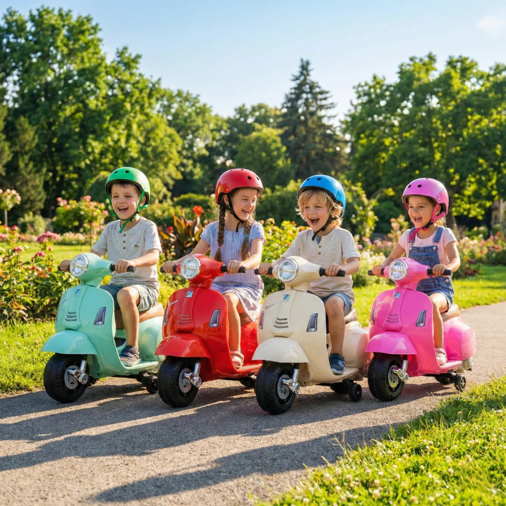 na Vespa za Decu – Dečiji Skuter na Akumulator sa Muzikom, Svetlima i Pomoćnim Točkićima