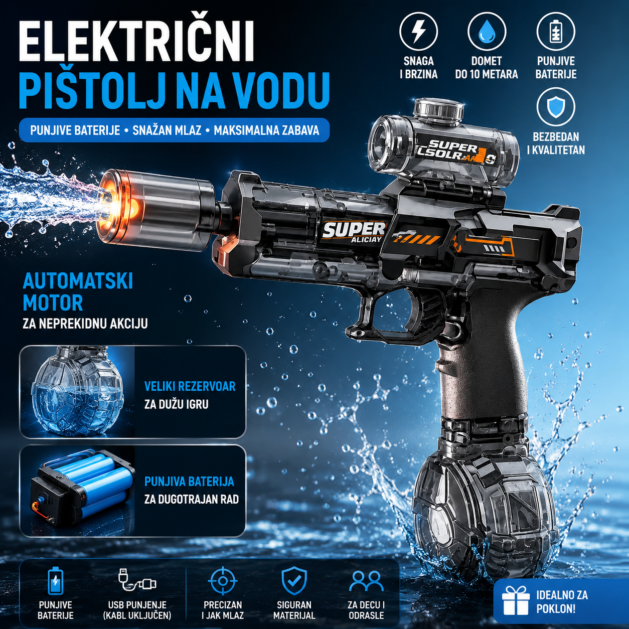Električni Pištolj na Vodu sa Punjivom Baterijom – Automatski Vodeni Pištolj Velikog Dometa za Decu i Odrasle