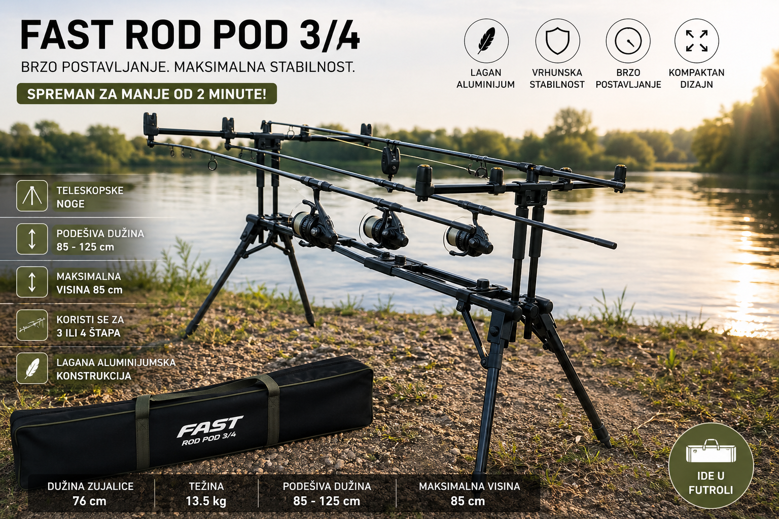 FAST Rod Pod 3/4 – Lagan i Stabilan Držač za 3 ili 4 Štapa | Teleskopske Noge + Futrola