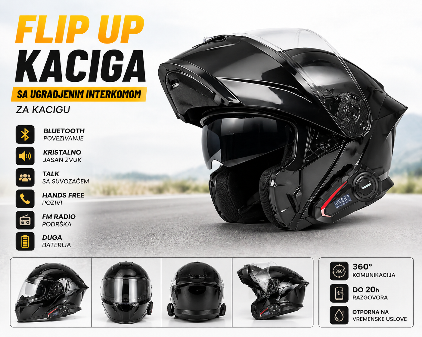 Flip Up Kaciga sa Bluetooth Interkomom – Modularna Moto Kaciga sa Handsfree