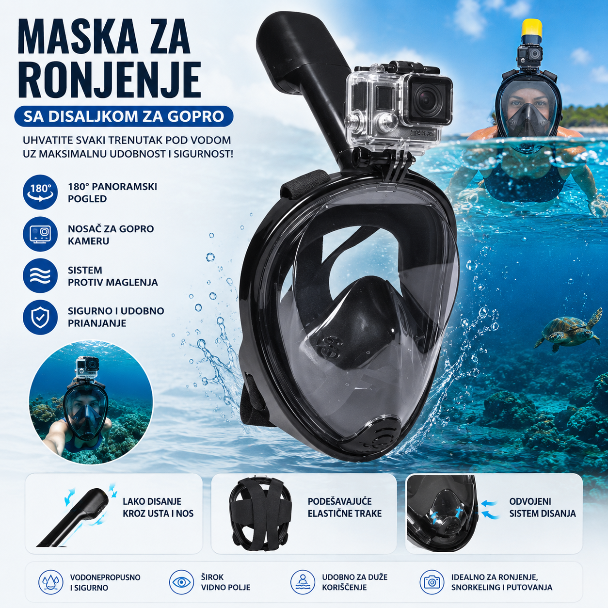 Ronilačka Maska sa Disaljkom i GoPro Držačem – Full Face 180° Pogled za More, Plažu i Snorkeling