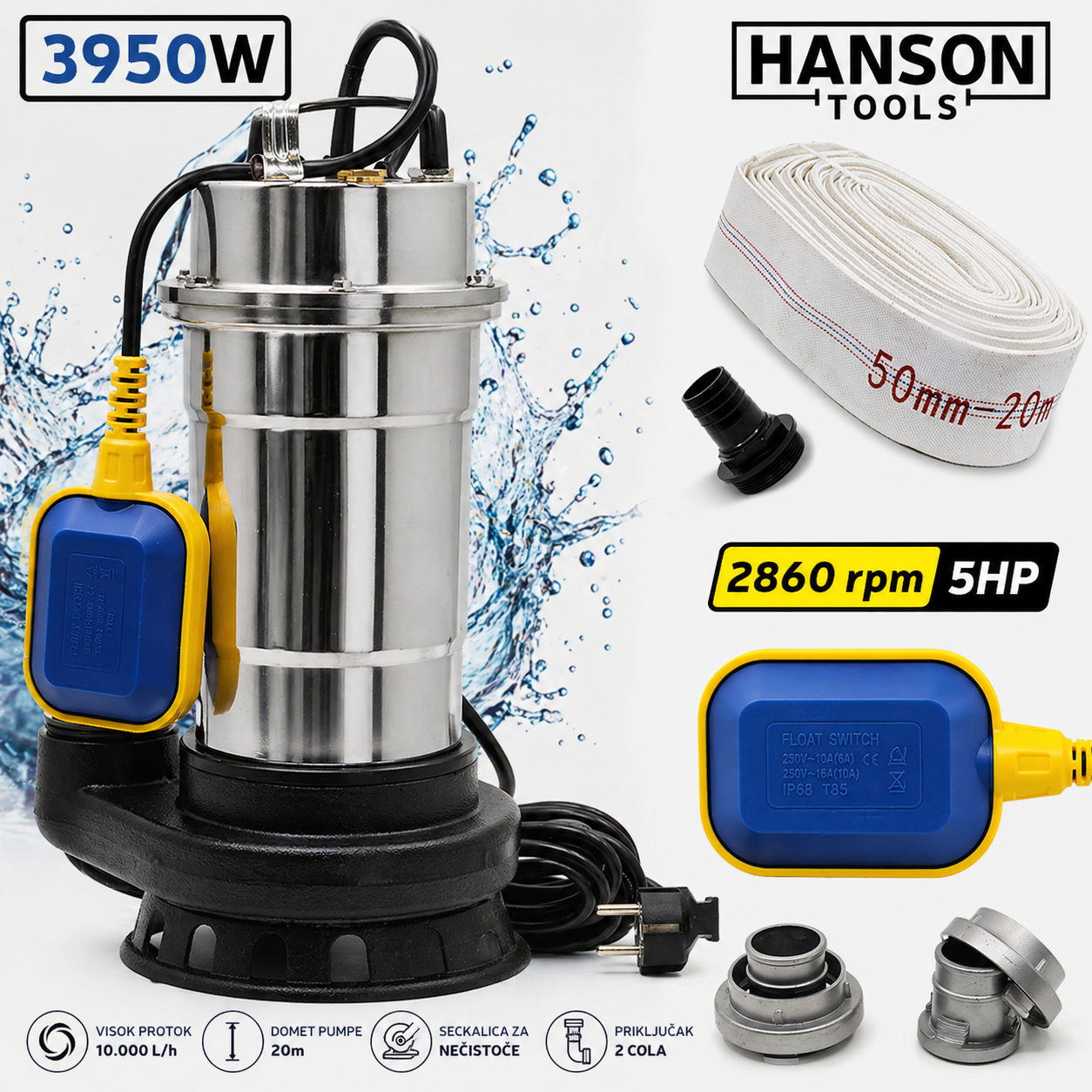 Hanson Muljna Pumpa sa Seckalicom + Crevo 20m – Idealna za Septičke Jame i Prljavu Vodu