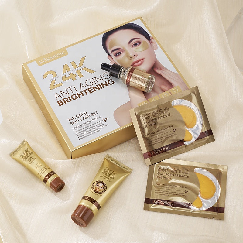 24K Zlatni Set za Negu Lica – Serum, Čistač, Peel-Off Maska i Maska za Oči za Hidrataciju, Protiv Bora i Čišćenje Pora