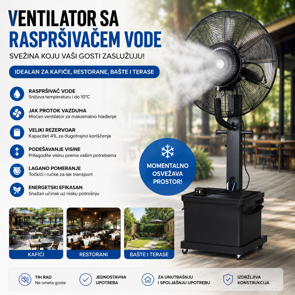 Industrijski Ventilator sa Raspršivačem Vode 41L – Profesionalno Hlađenje za Kafiće, Restorane, Bašte, Terase i Događaje
