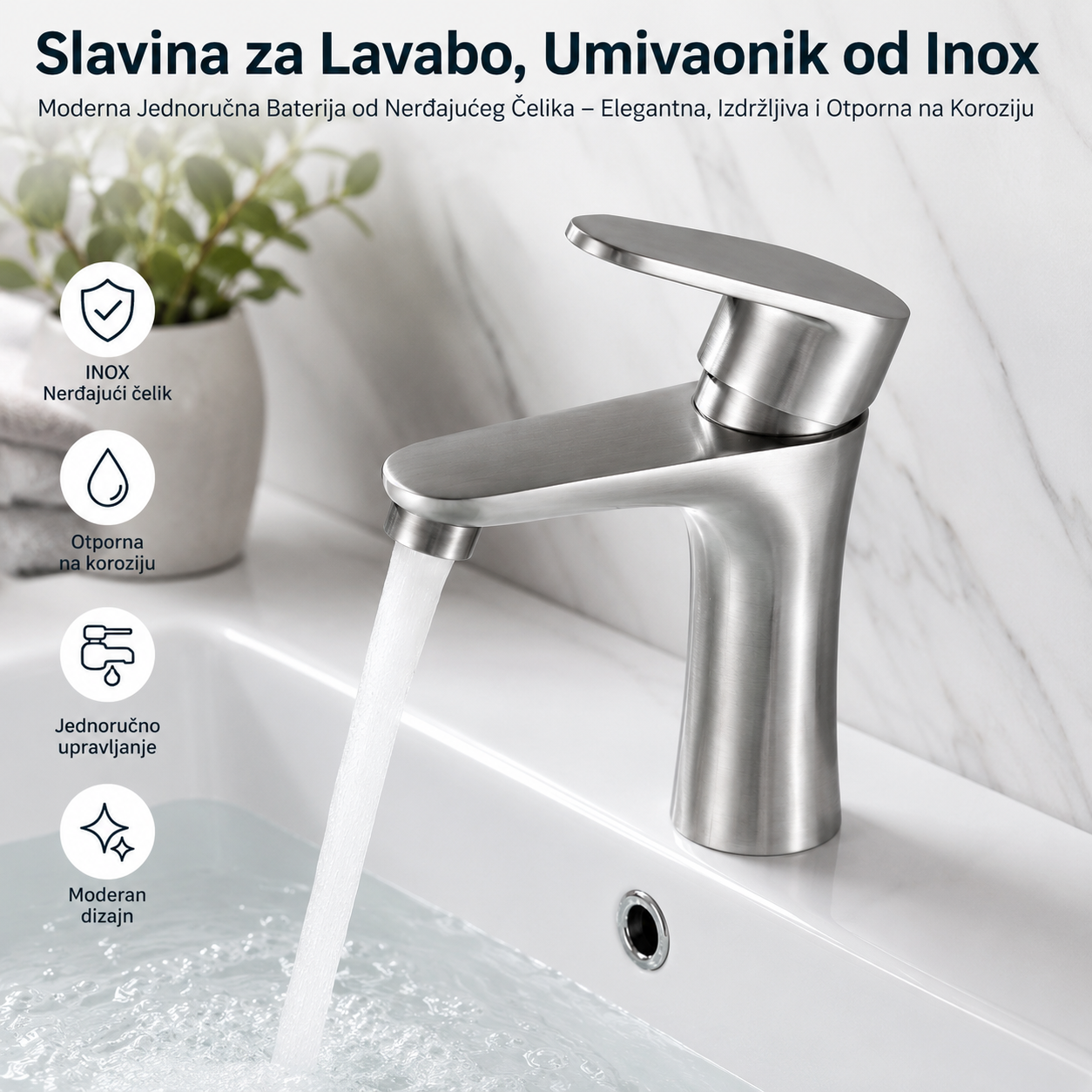 Inox Slavina za Lavabo i Umivaonik – Jednoručna Baterija od Nerđajućeg Čelika za Kupatilo