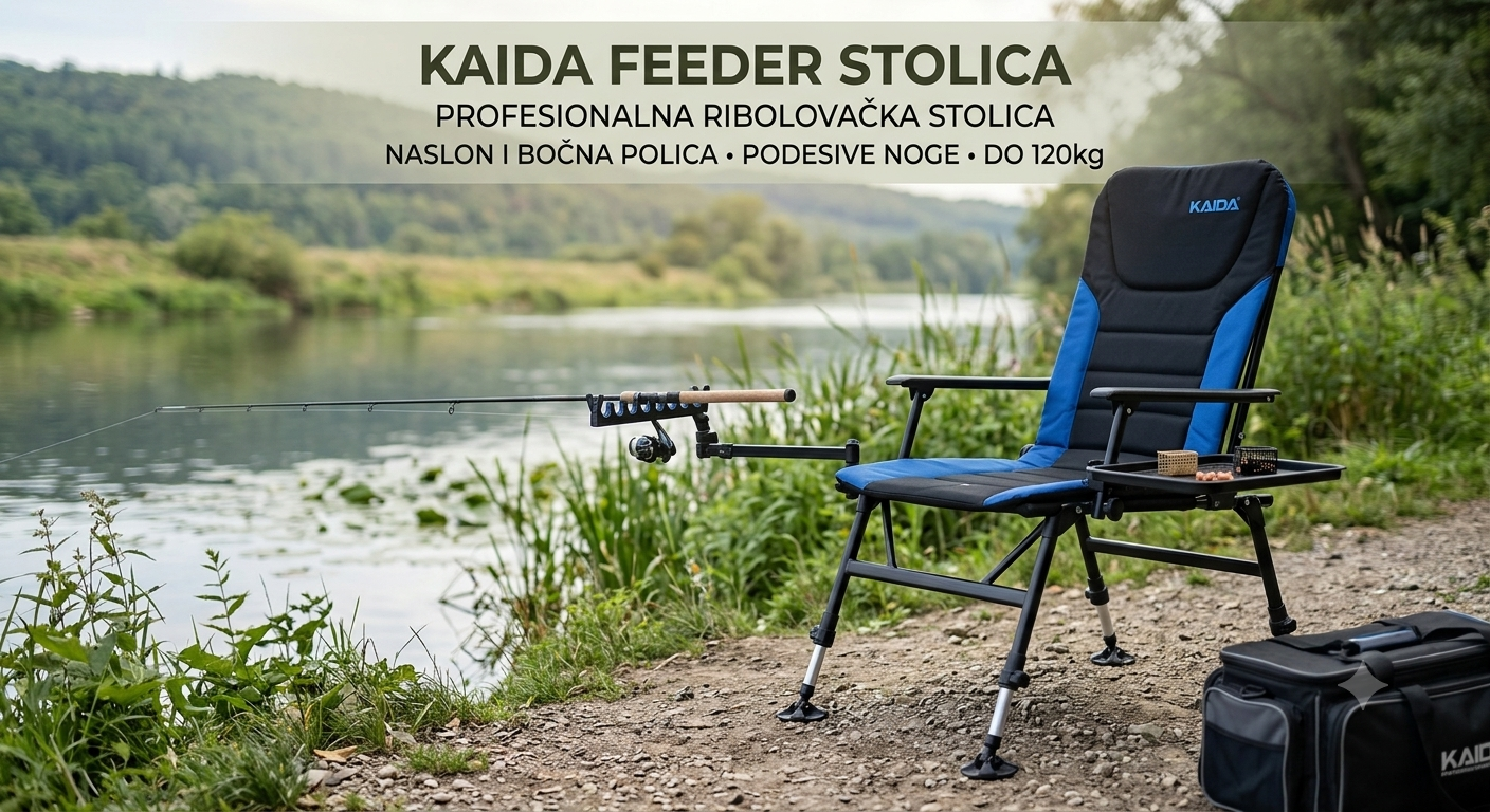 Ribolovačka Stolica za Pecanje Kaida sa Bočnom Policom i 2 Držača Pribora – Podesiva, Sklopiva i Udobna Feeder Stolica