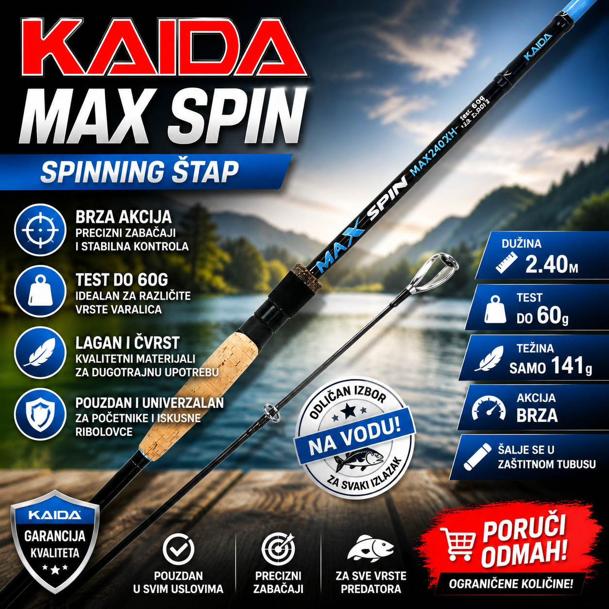 Kaida MAX SPIN 2.40m 60g – Spinning Štap za Pecanje Brze Akcije za Precizne Zabačaje