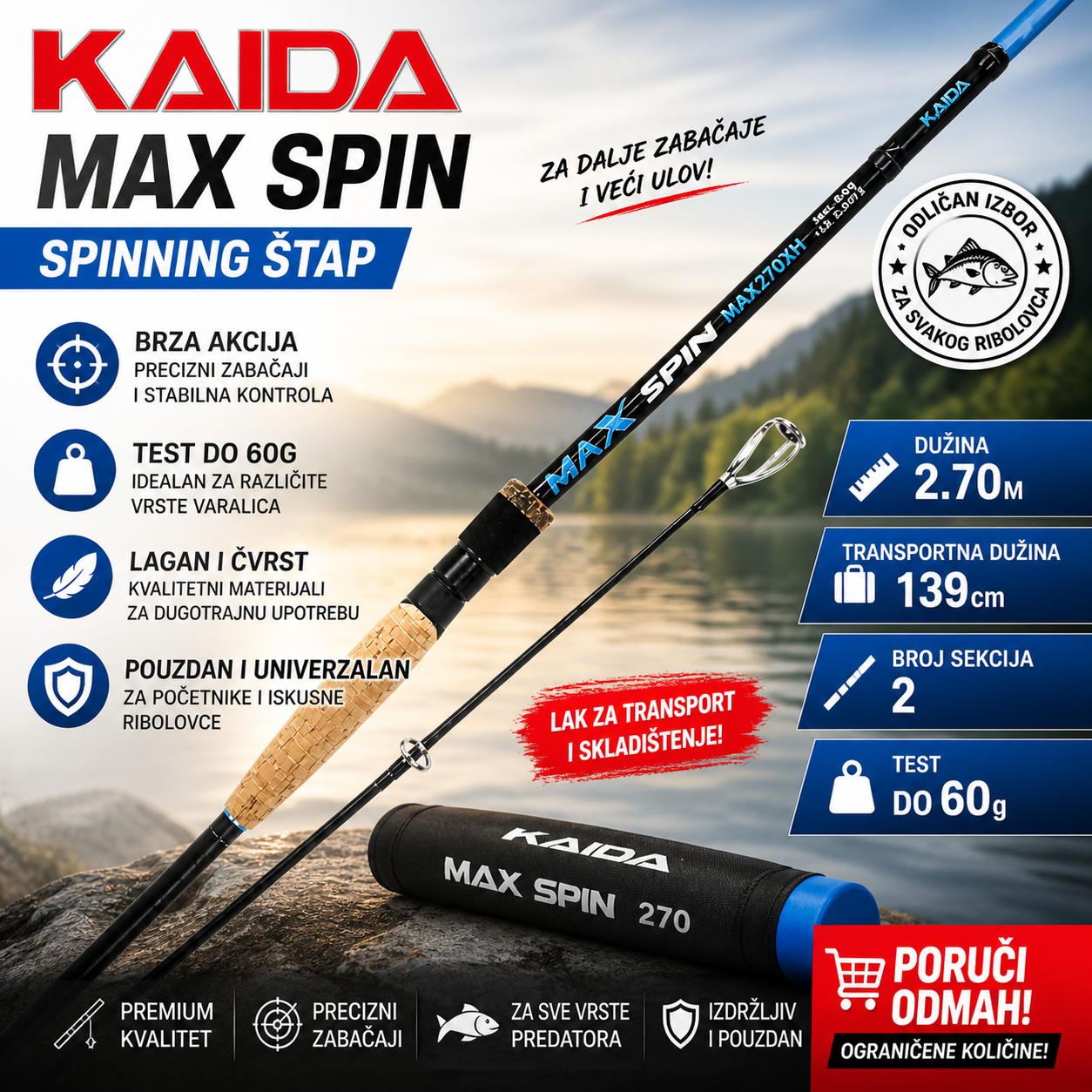 Kaida MAX SPIN 2.70m 60g – Spinning Štap za Daleke Zabačaje | Brza Akcija i Precizna Kontrola