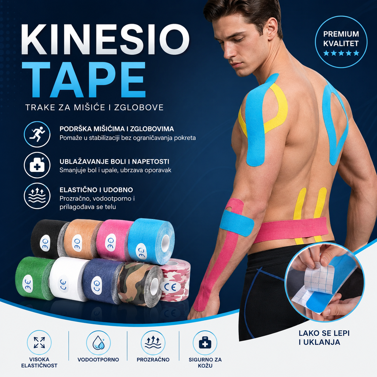 Kinesio Tape Trake za Mišiće i Zglobove – Elastične Sportske Trake za Podršku, Oporavak i Ublažavanje Bolova 1+1 GRATIS