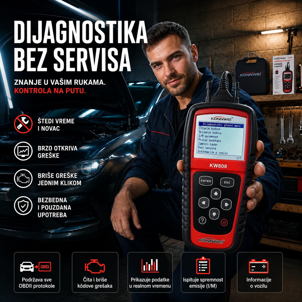 Konnwei KW808 Auto Dijagnostika OBD2 – Profesionalni Auto Skener za Dijagnostiku Vozila