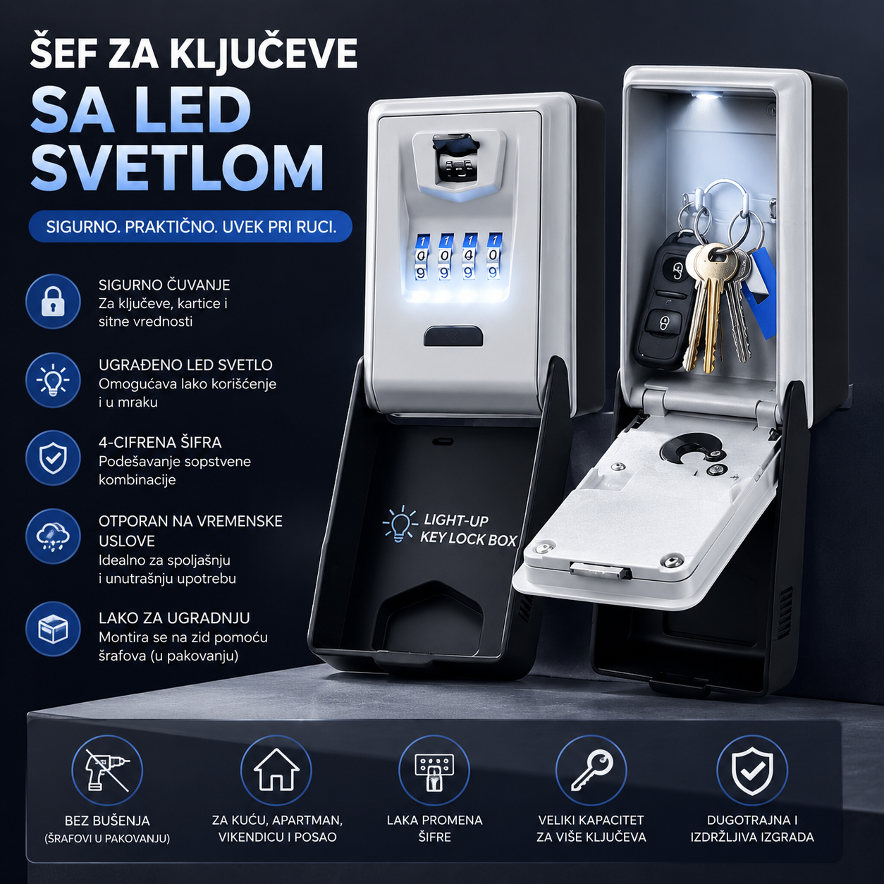 Safe Box – Sigurnosni Šef za Ključeve sa LED Svetlom i Šifrom za Kuću, Apartman i Vikendicu