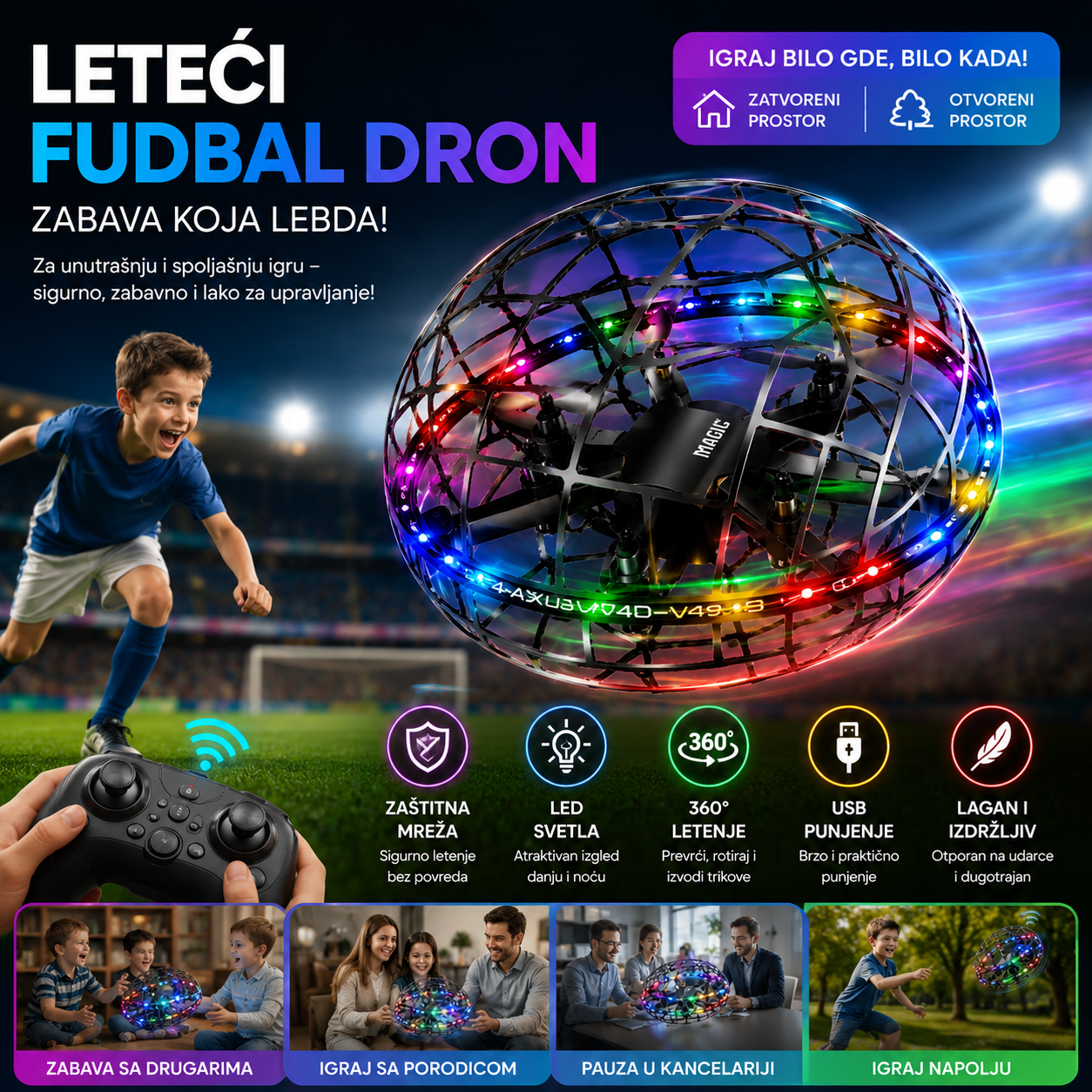 LED Leteći Fudbal Dron sa Zaštitnom Mrežom – Punjivi Hover Dron za Decu i Odrasle za Unutrašnju i Spoljašnju Zabavu