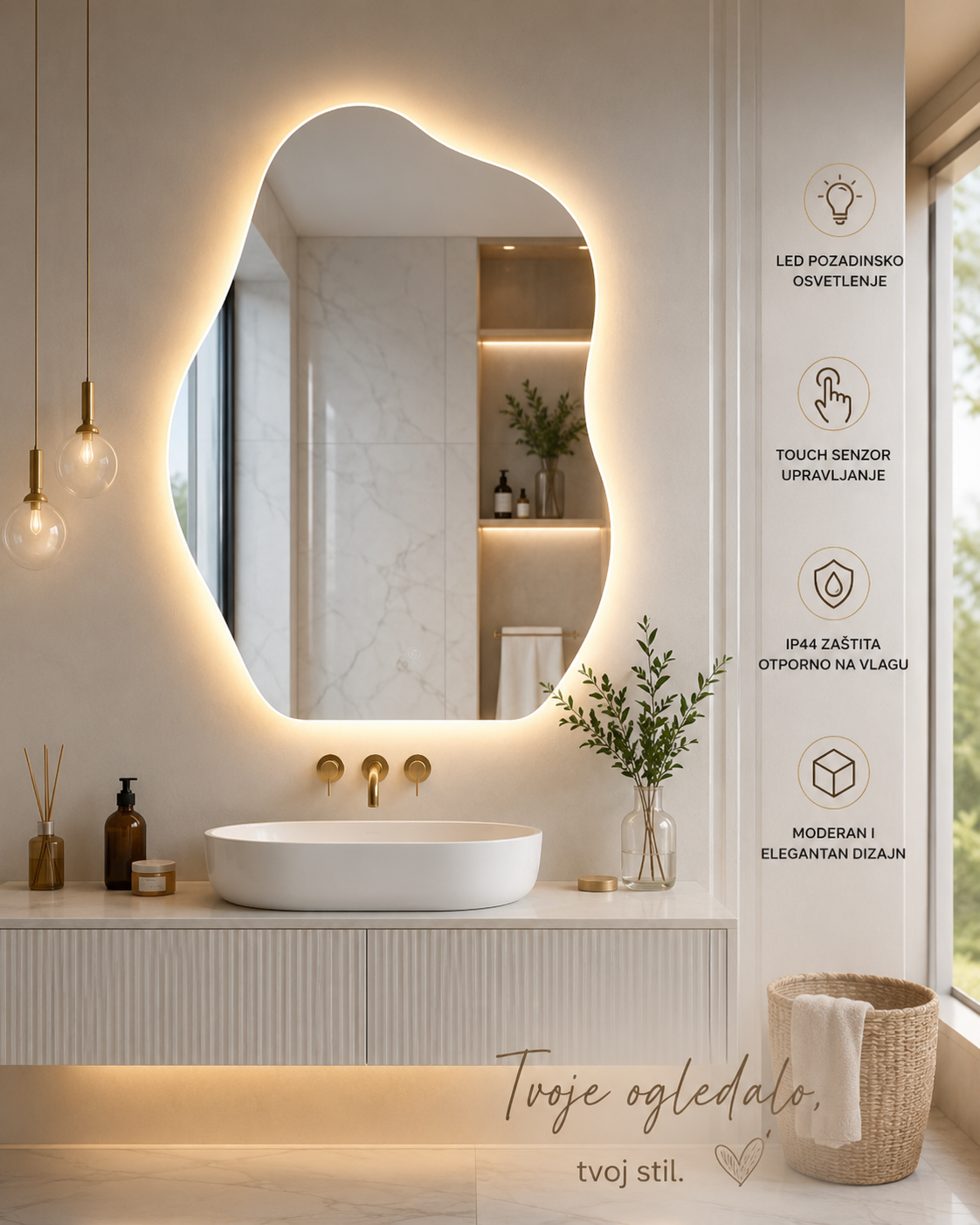 LED Ogledalo Aura 52×72 cm – Premium Asimetrično Ogledalo sa Pozadinskim Osvetljenjem