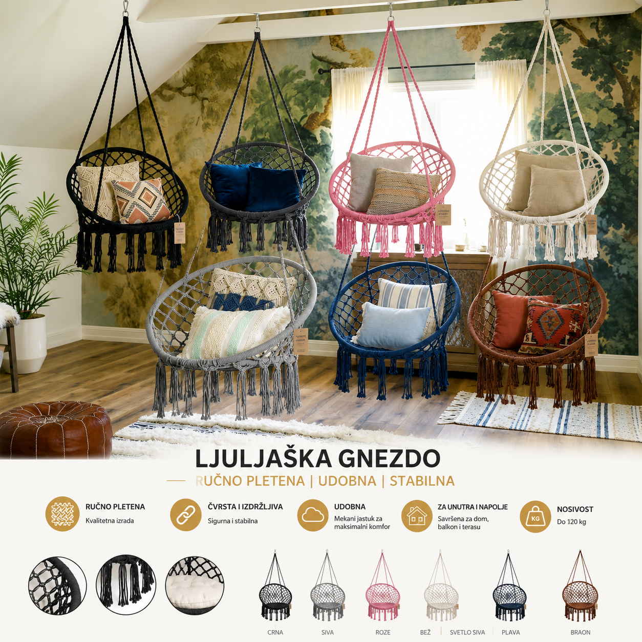 Ljuljaška Gnezdo Viseća – Boho Macrame Ljuljaška za Terasu, Balkon i Dnevnu Sobu | Udobna i Čvrsta Nosivost 120kg