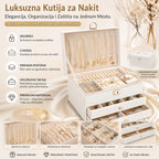 Luksuzna Kutija za Nakit sa 3 Nivoa – Organizator za Nakit od PU Kože sa Brave, Mekanom Postavom i Uklonjivom Tacnom za Prstenje, Minđuše, Ogrlice i Narukvice