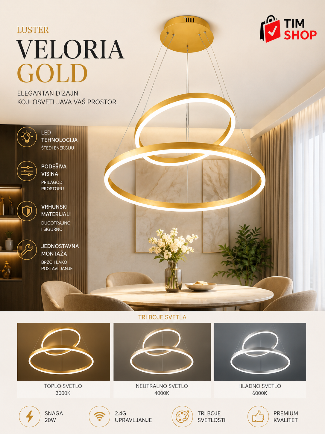 Luster Veloria Gold – Elegantni LED Viseći Luster sa Zlatnim Krugovima | Luksuzna Moderna Rasveta