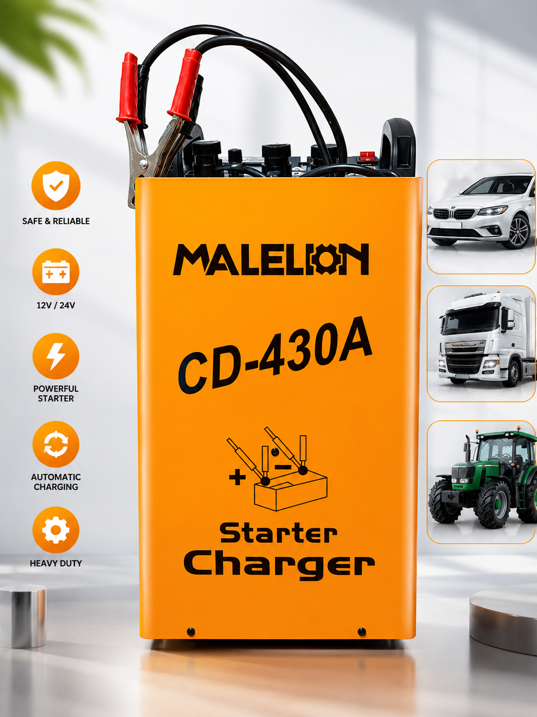 MALELON CD-430A Profesionalni Punjač i Starter za Akumulatore – 12V/24V Automatski Punjač za Automobile, Kamione i Traktore