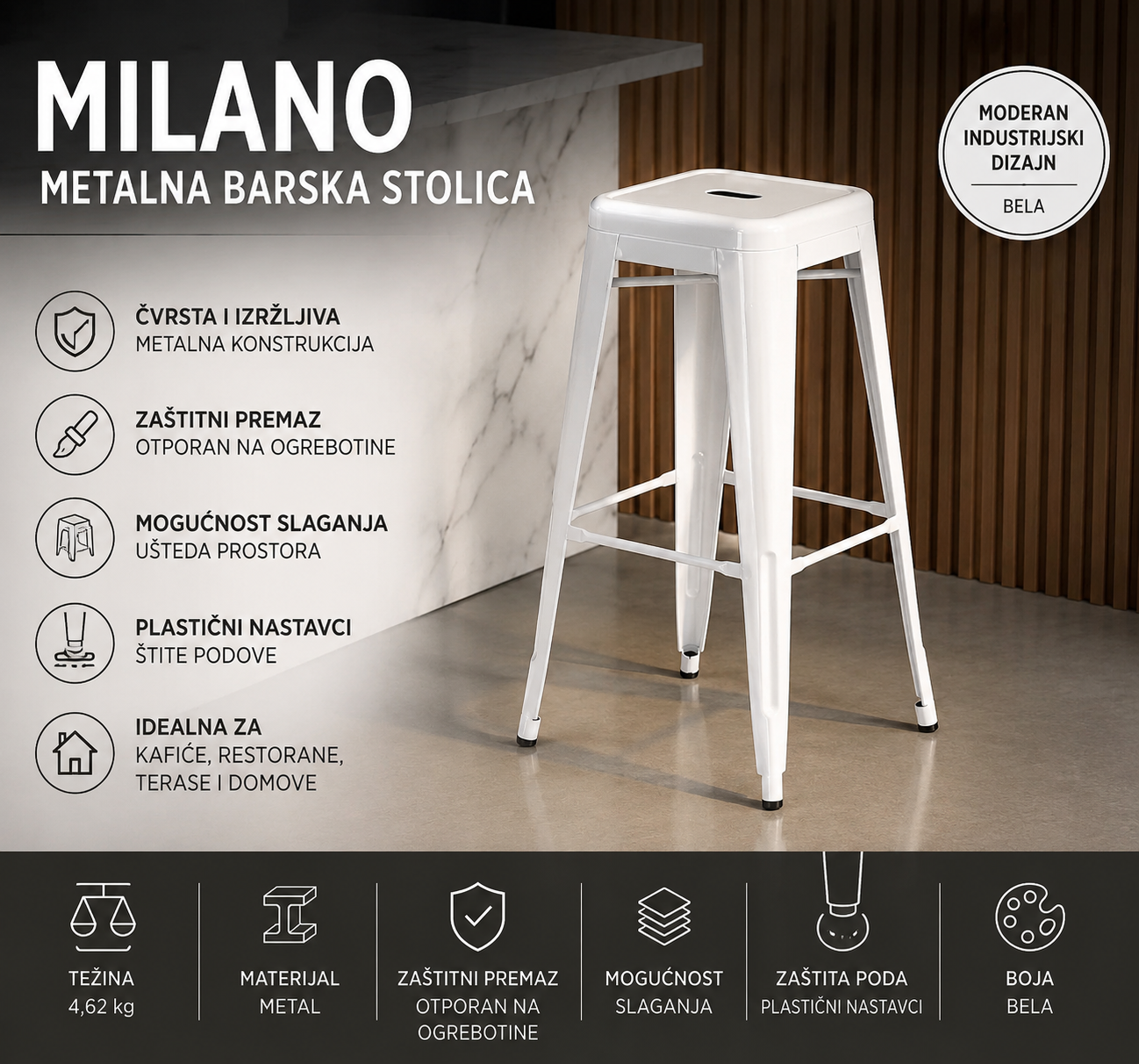 MILANO bela metalna barska stolica modernog industrijskog dizajna za kuhinju, šank, restoran, kafić i terasu sa mogućnošću slaganja.