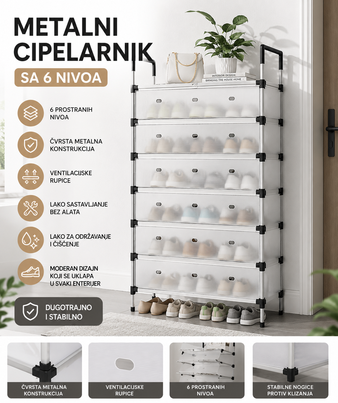 Premium Metalni Cipelarnik sa 6 Nivoa – Veliki Organizer za Do 24 Para Obuće | Moderan Ormar za Cipele sa Zaštitnim Vratima