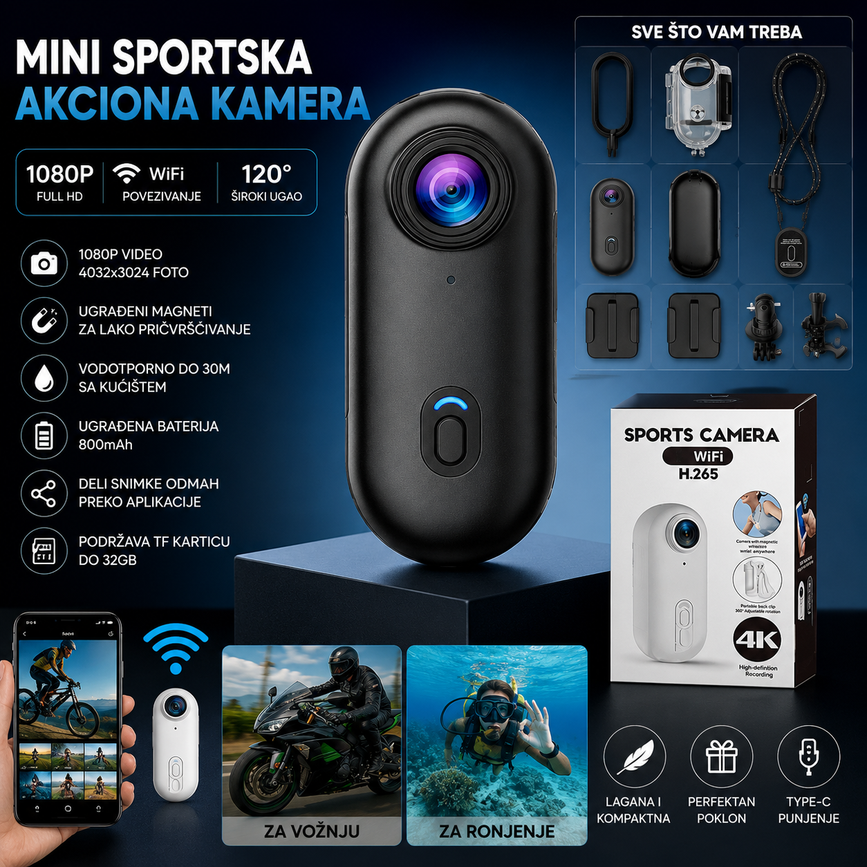 Mini Akciona Kamera 1080P sa WiFi – Sportska Kamera sa Širokougaonim 120° Objektivom, Magnetnim Nosačem i Vodootpornim Kućištem
