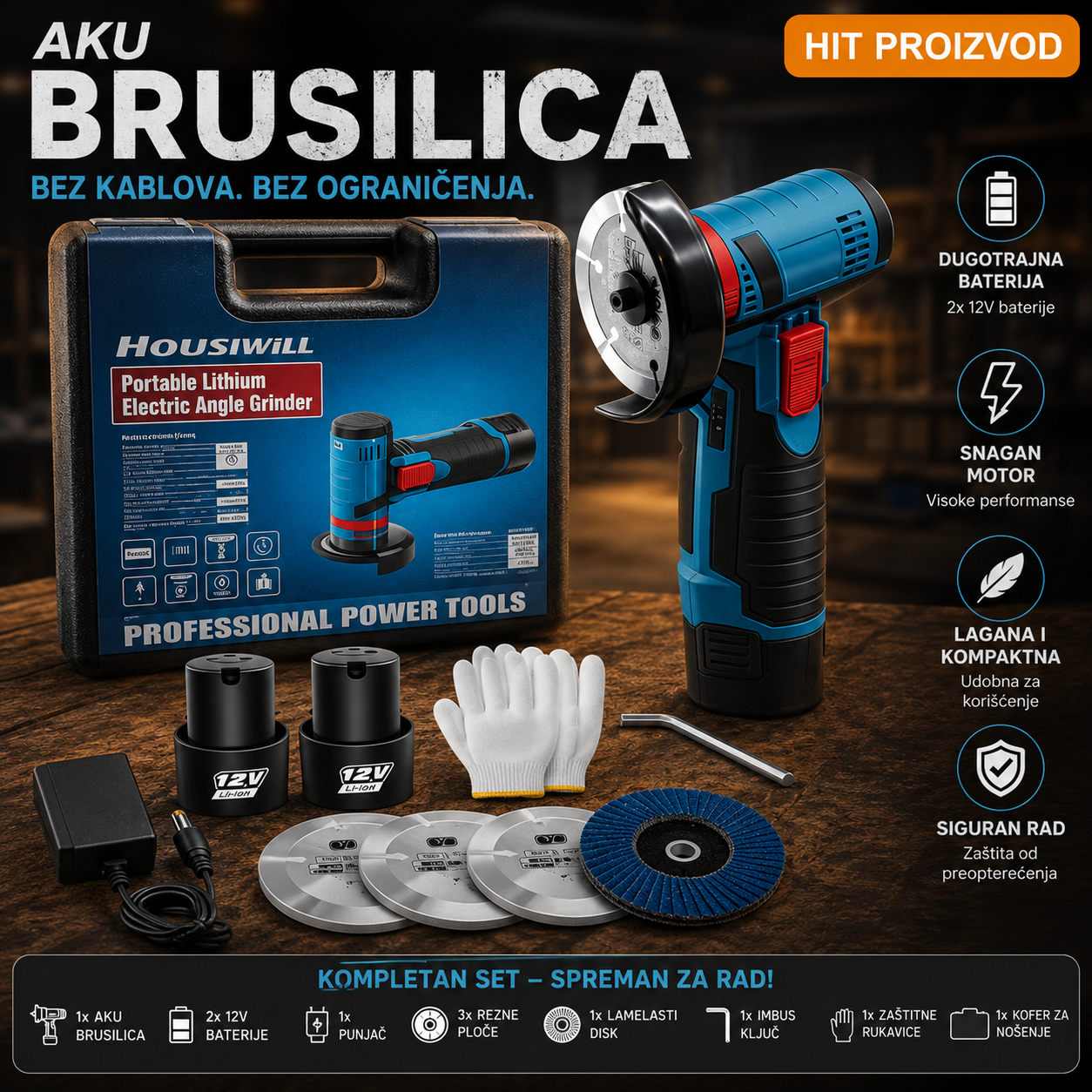 Mini Akumulatorska Brusilica GWS 12V-76 sa 2 Baterije – Profesionalna Aku Brusilica za Metal, Drvo i Keramiku