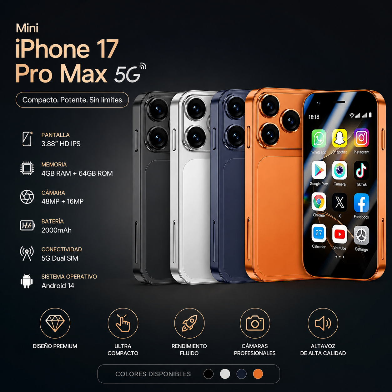 Mini iPhone 17 Pro Max 5G 4/64GB Android 14 – Ultra Kompaktan Smart Telefon sa Dual SIM, HD Kamerom i Premium Dizajnom