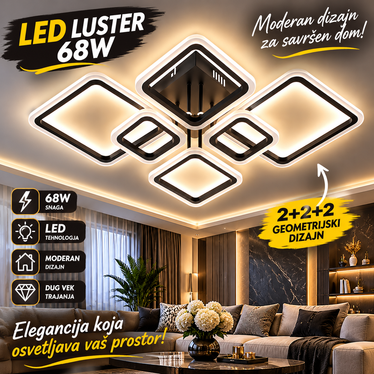 Moderan LED plafonski luster 68W – Geometrijska plafonjera 2+2+2, crna i bela
