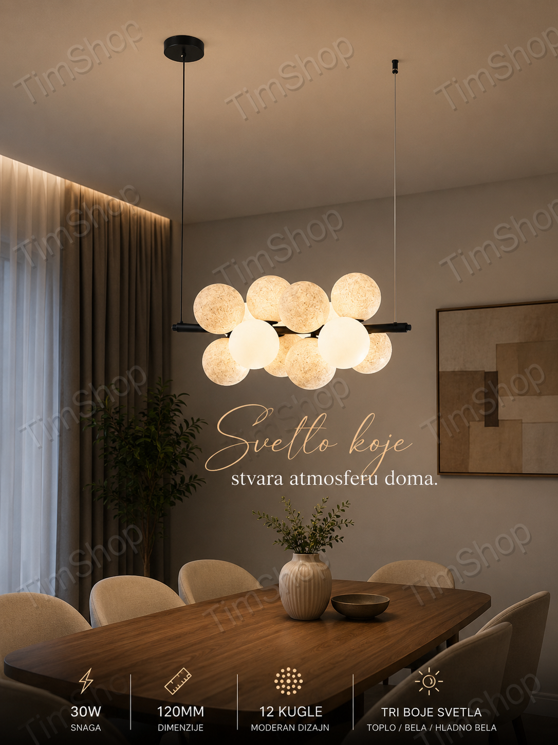 Moderni LED Luster sa 12 Kugli 30W – Viseća Rasveta 120 mm za Trpezariju i Dnevnu Sobu
