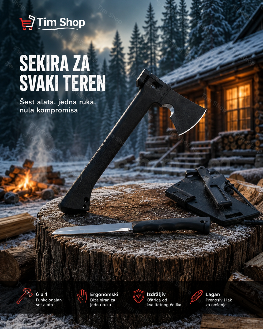 Multifunkcionalni Outdoor Alat 6u1 – Komplet za Kampovanje, Baštu i Rad na Terenu