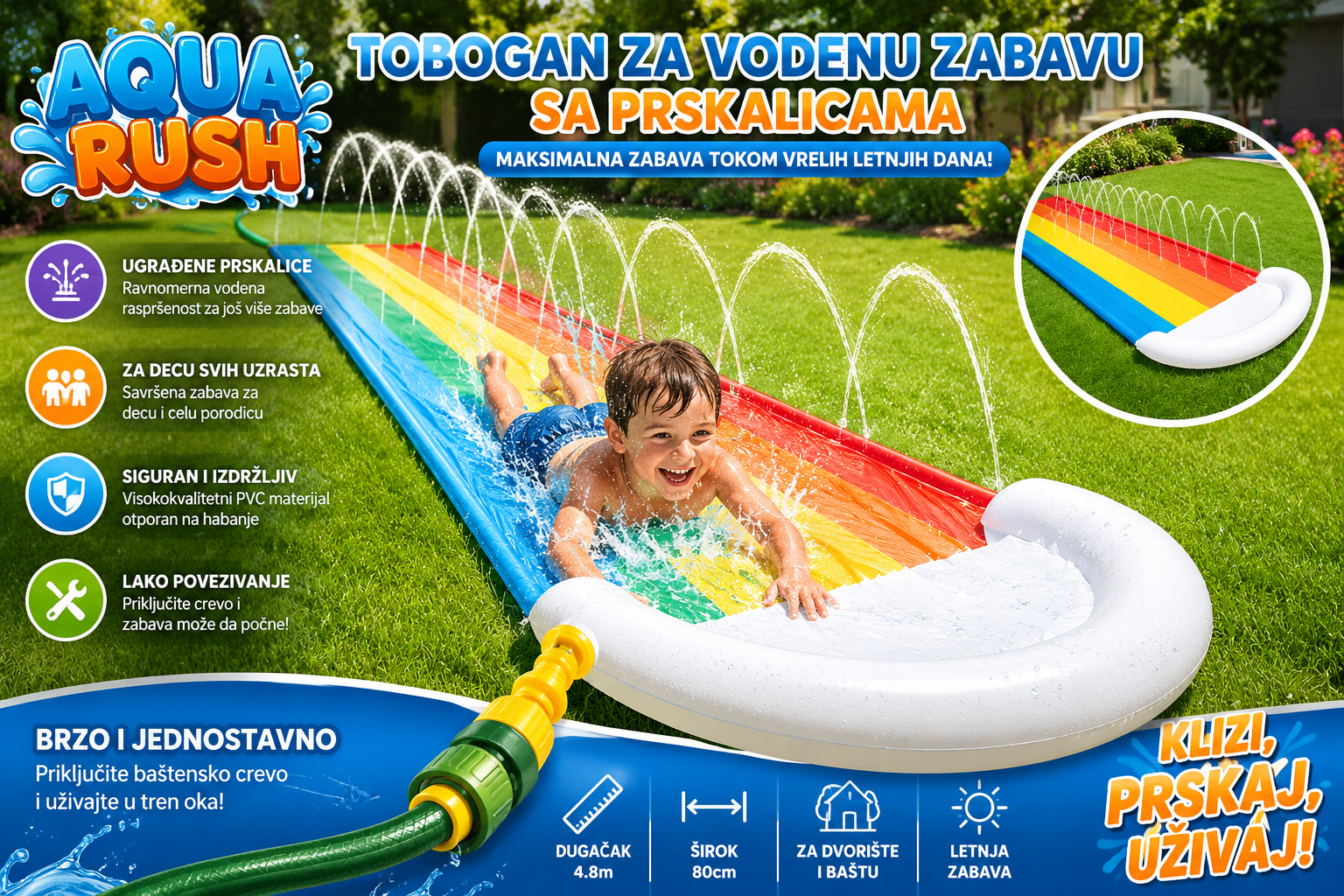 Naduvavajući Vodeni Tobogan sa Prskalicama 465 cm – Letnji Vodeni Slip and Slide za Decu i Odrasle | Dvorišni Vodeni Park