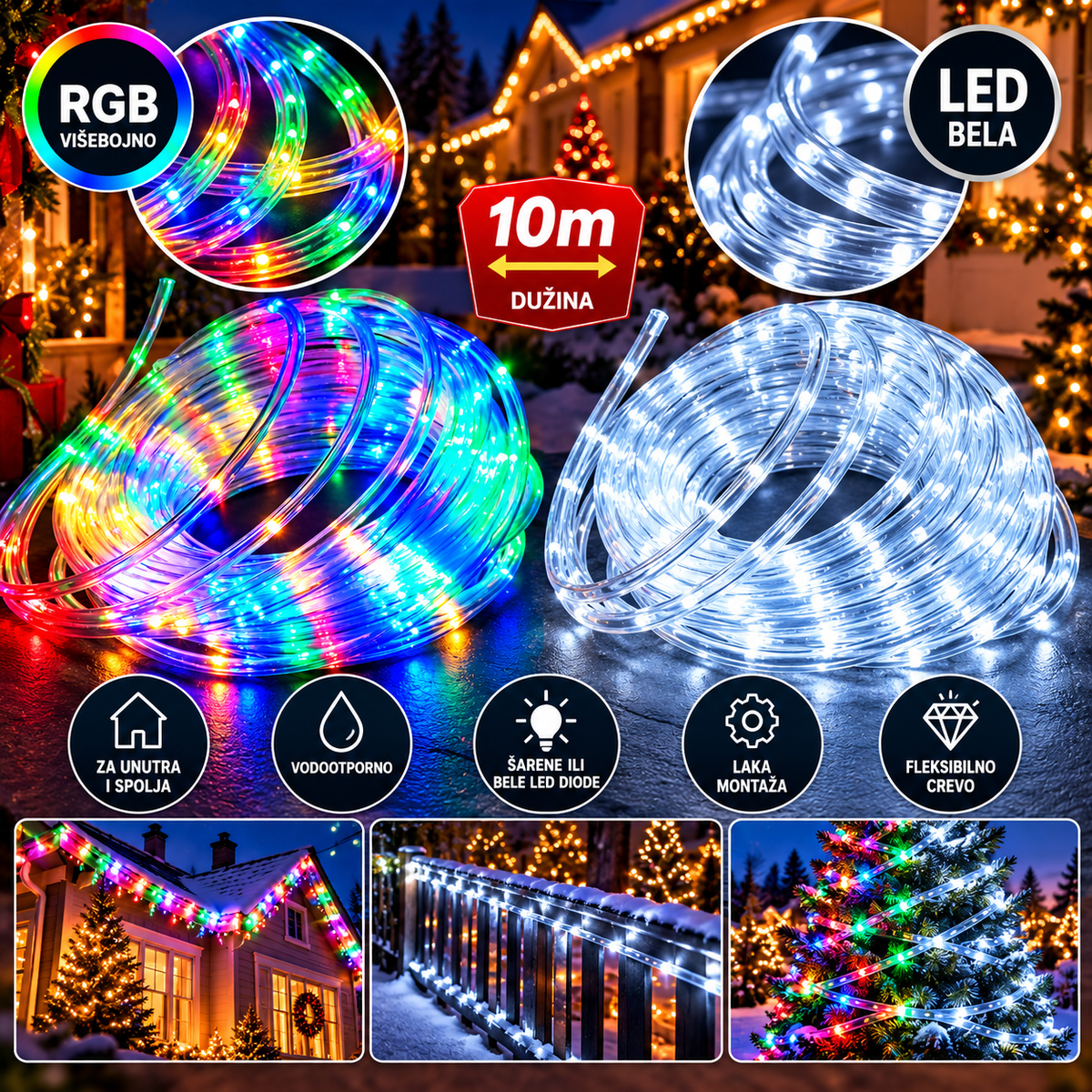 Novogodišnje LED Crevo 10m – RGB i Belo Svetlo za Prazničnu Dekoraciju