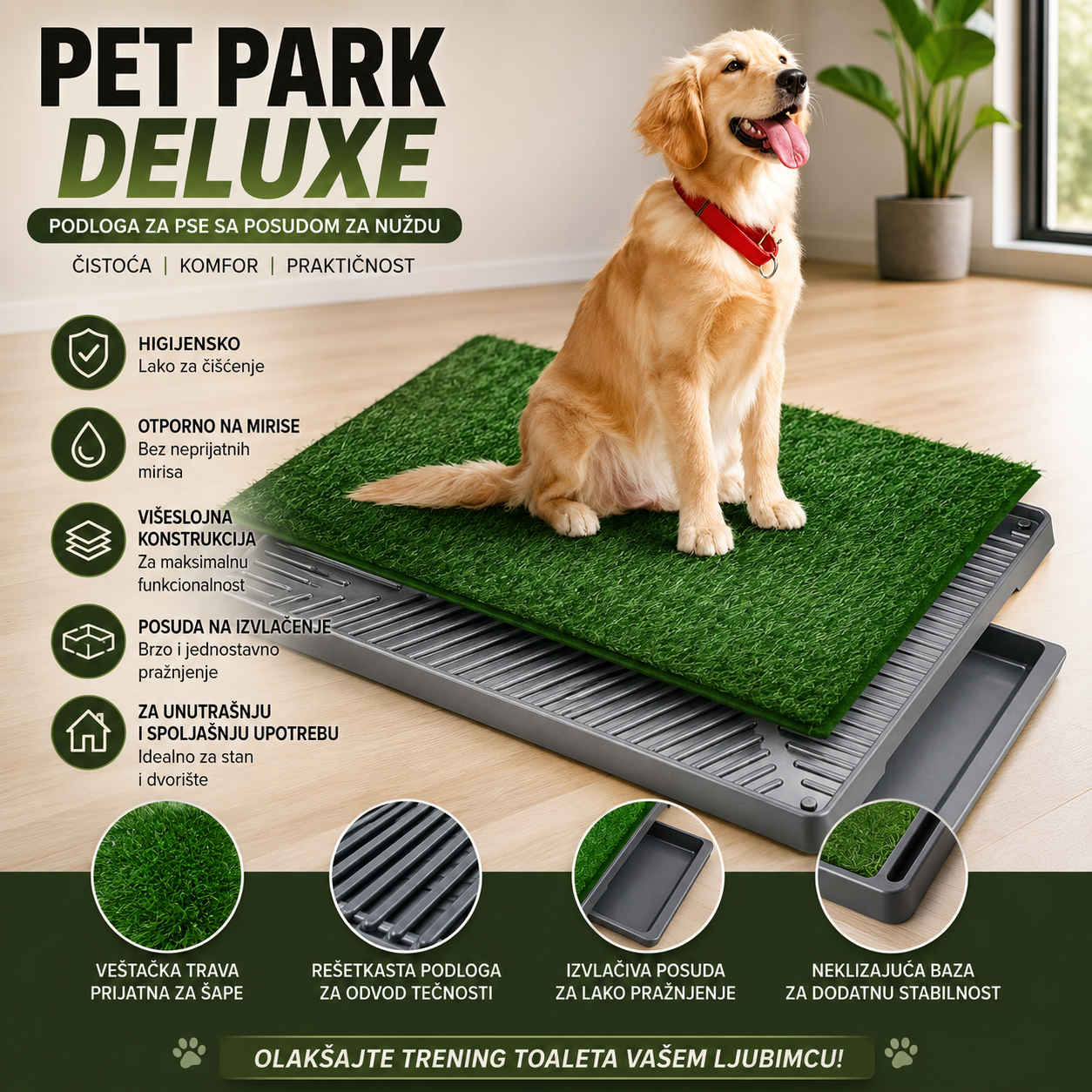 PET PARK DELUXE – Premium Toalet za Pse sa Veštačkom Travom i Posudom za Sakupljanje Otpada | Podloga za Obuku Štenaca i Korišćenje u Stanu