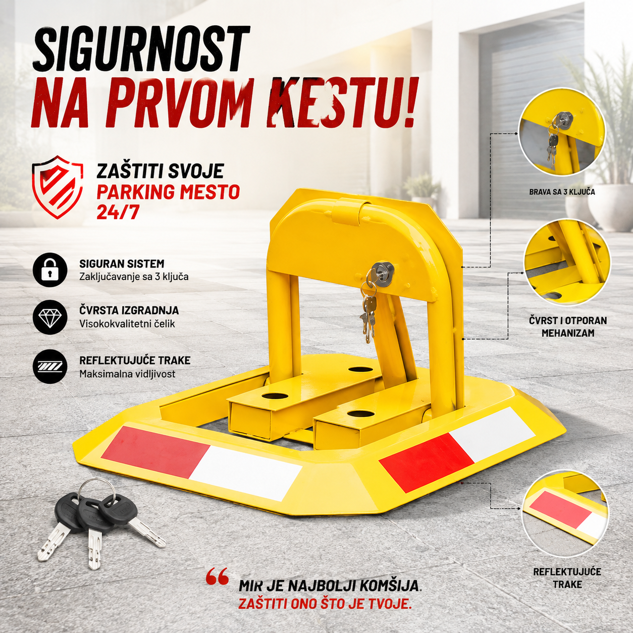 Parking Barijera Mehanička sa 3 Ključa – Sklopiva Zaštitna Barijera za Rezervisano Parking Mest