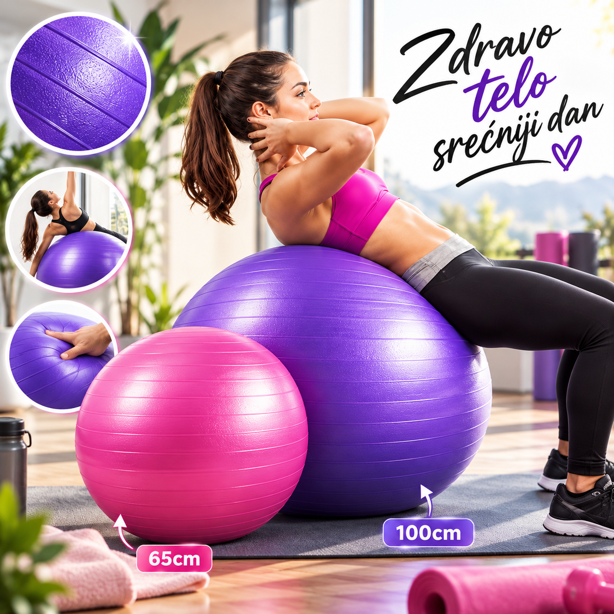 Pilates Lopta za Vežbanje 65 cm i 100 cm – Fitnes Lopta za Trening, Jogu, Pilates i Oblikovanje Tela