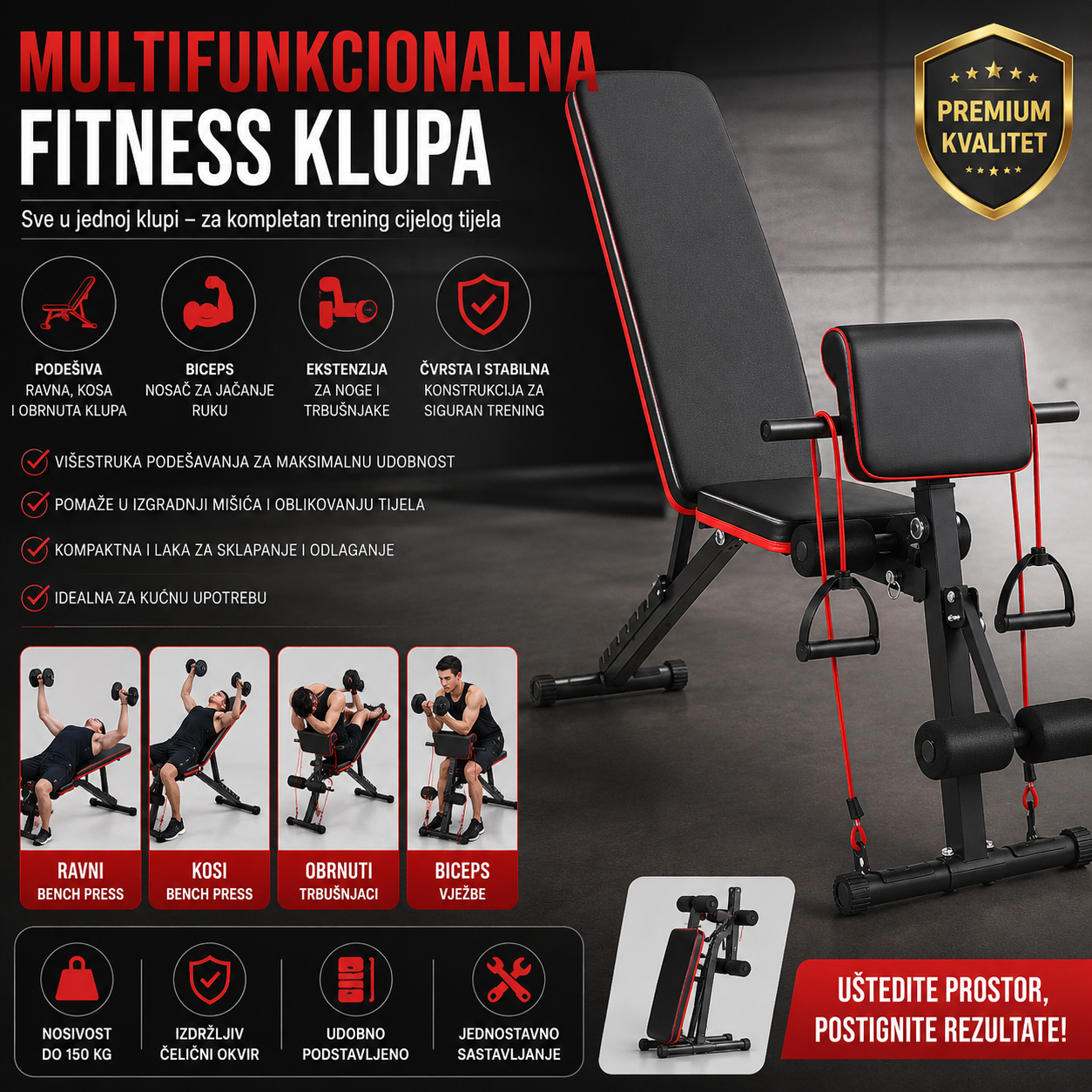 Podesiva Fitness Klupa za Kućnu Teretanu | Ravna, Kosa i Obrnuta Klupa sa Dodacima za Noge i Biceps
