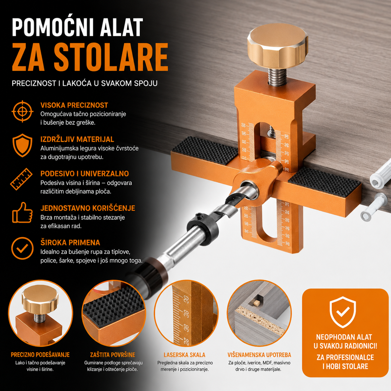 Pomoćni Alat za Stolare – Precizni Držač za Bušenje, Spajanje i Obradu Drveta