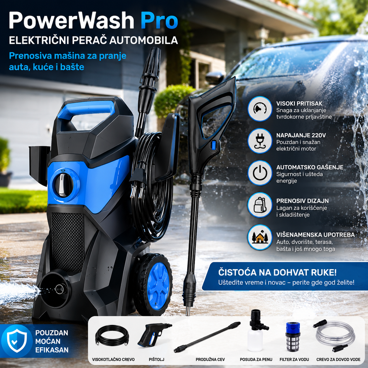PowerWash PowerWash Pro  Električni Perač Automobila – Prenosiva Mašina za Pranje Auta, Kuće i Bašte 220V
