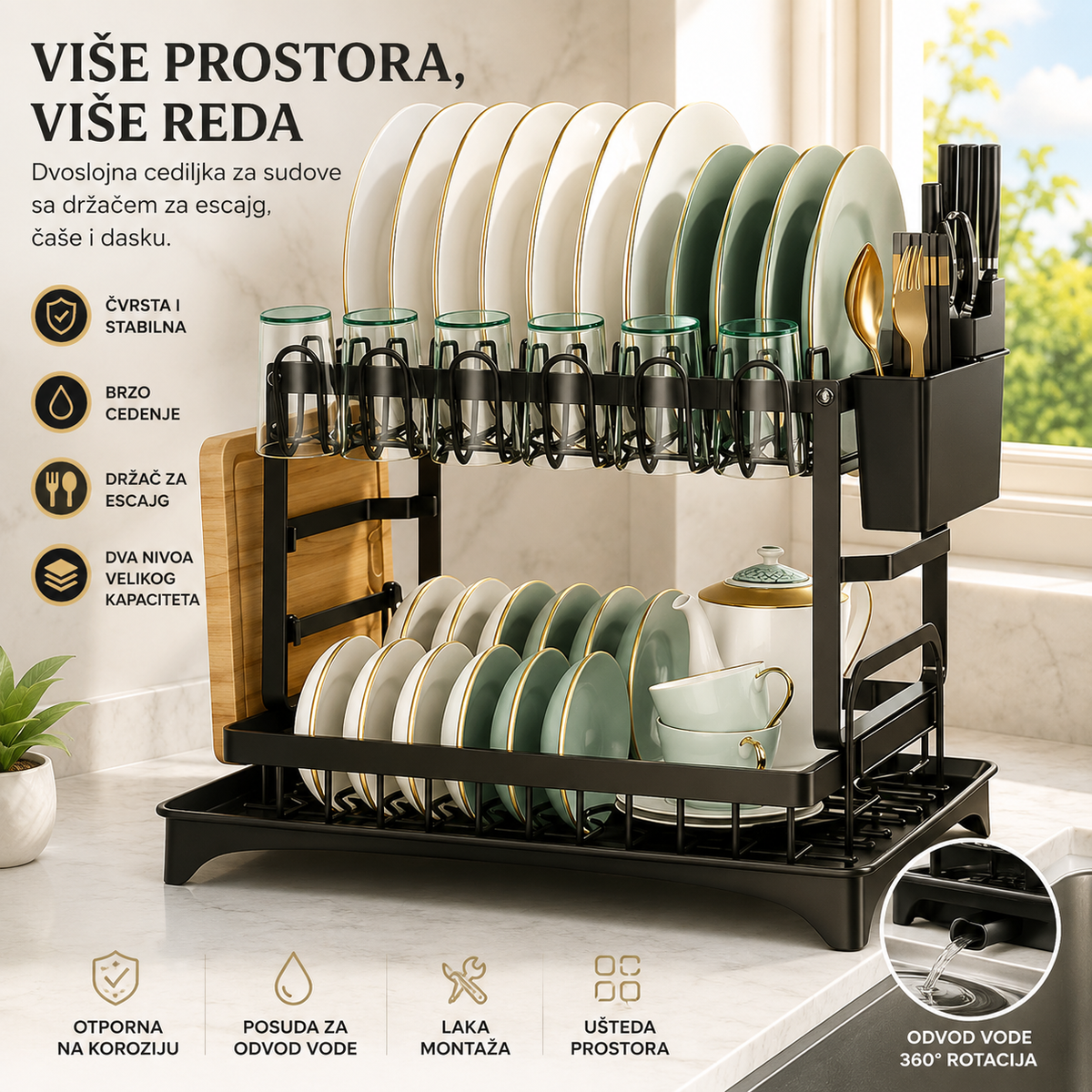 Premium Cediljka za Sudove – Organizator za Sušenje Posuđa sa Odvodom za Vodu