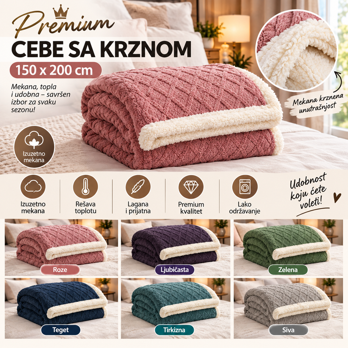 Premium Ćebe sa Krznom 150 × 200 cm – Mekano, Toplo i Udobno